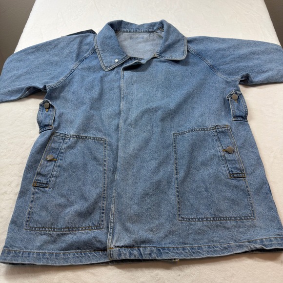 Forever 21 Premium Denim Jacket Women XL Blue Good Asymmetrical Utility Boxy - Picture 5 of 12